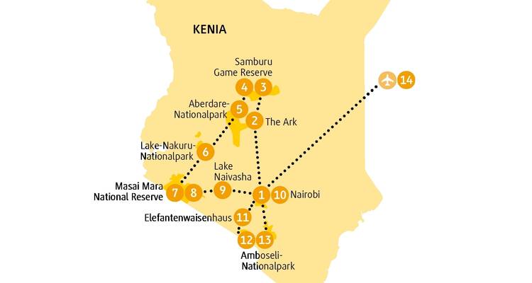 Carte illustrative du Kenya montrant les réserves de faune et les routes.