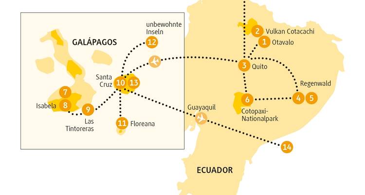 Map of Galapagos Islands and Ecuador with travel path