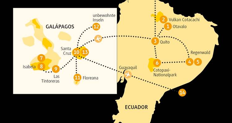 Map outlining travel route through Ecuador and Galapagos