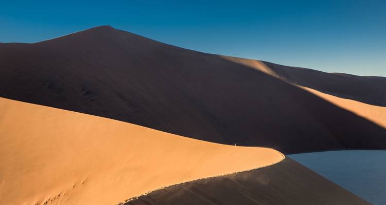 Sweeping view of towering sand dunes under a clear sky.