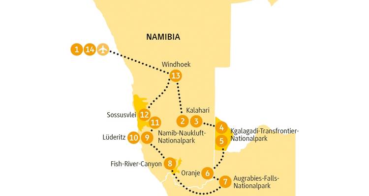 Map showing a travel route across different parks.