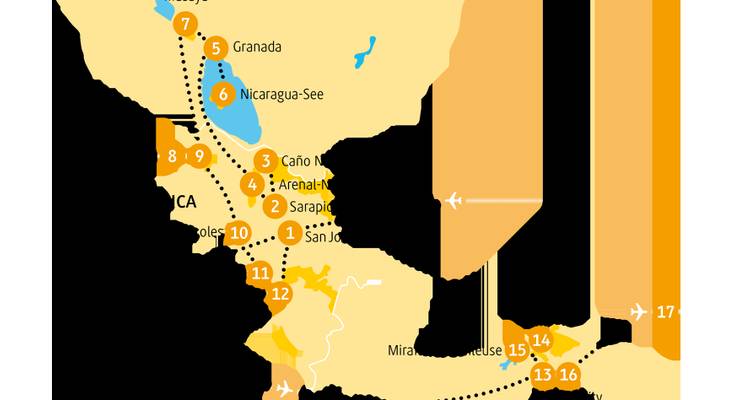 Fortsetzung der Mittelamerika-Rundreisekarte mit hervorgehobenen Routen durch Nicaragua und Panama.
