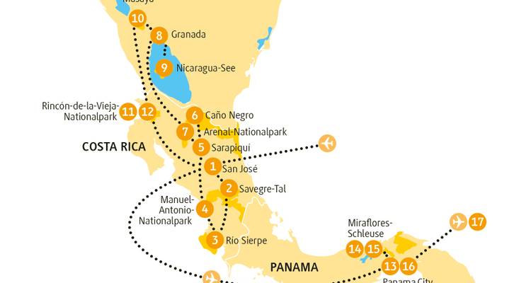 Gelbe Routenkarte mit Nicaragua, Costa Rica und Panama sowie nummerierten Standorten