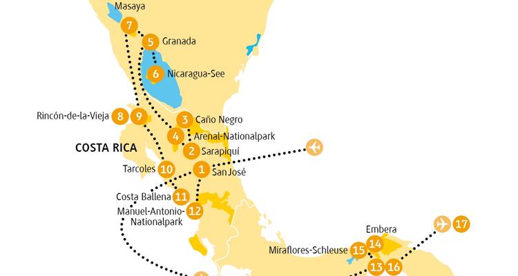 Vereinfachte Routenkarte der Reiseroute durch Nicaragua, Costa Rica und Panama mit nummerierten Haltestellen.