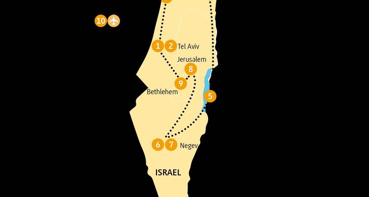 Karte der Reiseroute durch Israel mit markierten Sehenswürdigkeiten.
