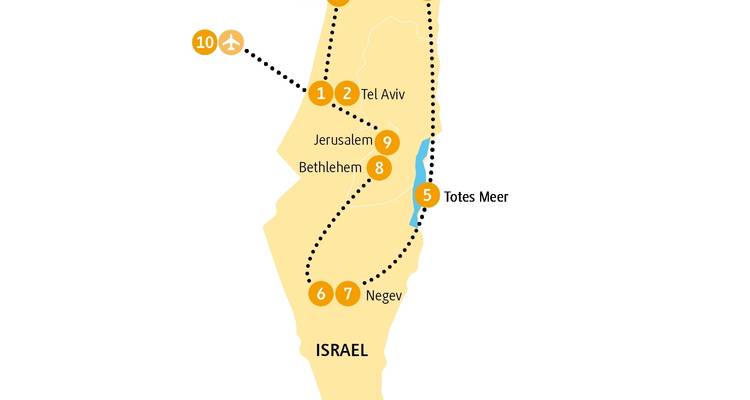 Illustrative Karte von Israel mit wichtigen Städten und Routen.