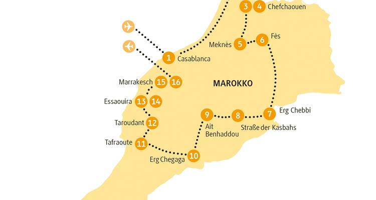 Karte mit hervorgehobenen Reisezielen in Marokko.