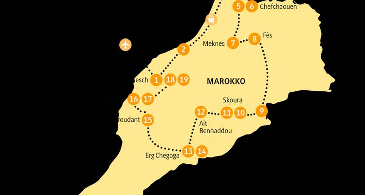 Karte von Marokko mit Routen und Reisezielen.