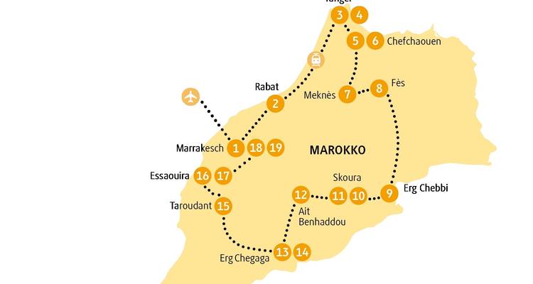 Illustrative Karte von Marokko mit Standorten und Routen.
