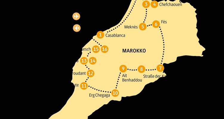 Karte mit einer Reiseroute durch Marokko mit hervorgehobenen Städten.