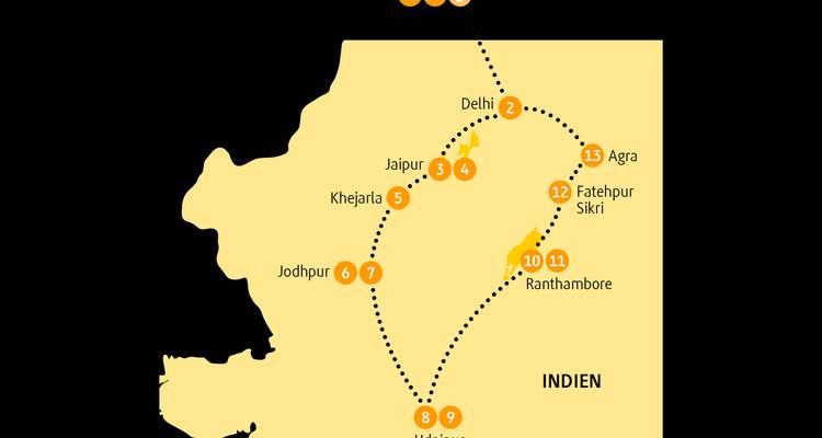 Kaart die reisroutes in India toont.