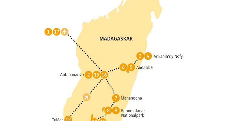 Karte von Madagaskar mit markierten Standorten.