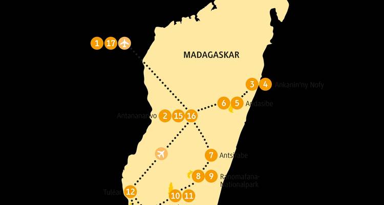 Karte mit Reiseroute durch Madagaskar.