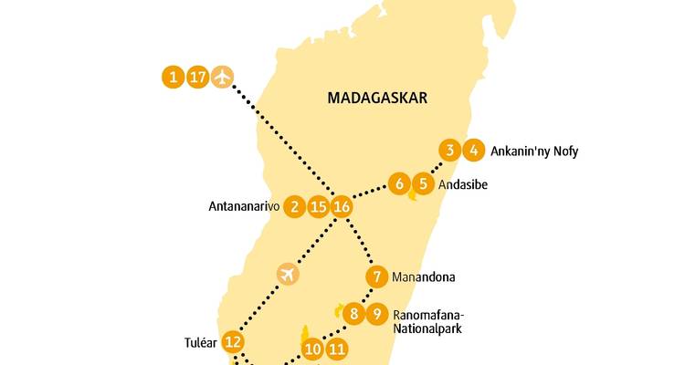 Illustrative Karte von Madagaskar mit Städten und Routen.