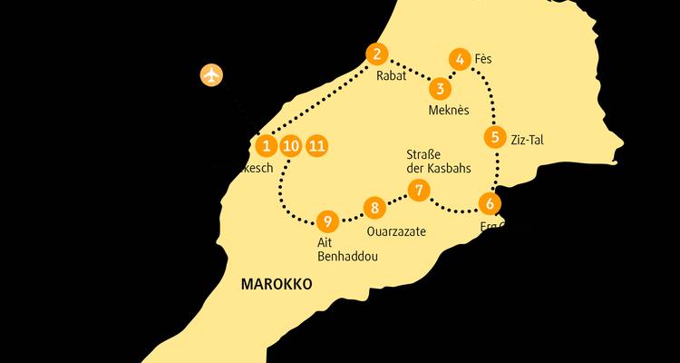 Map of Morocco with travel route markings.
