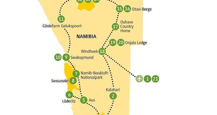 Map illustrating a travel route through Namibia with marked places.