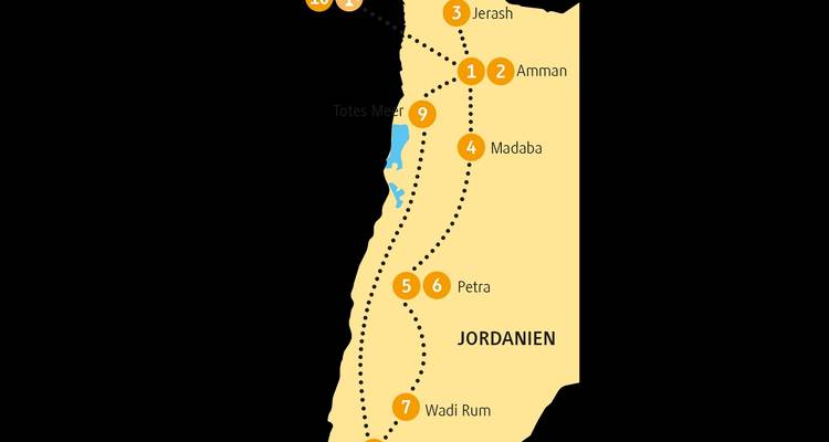 Touristenkarte von Jordanien mit wichtigen Sehenswürdigkeiten und Routen