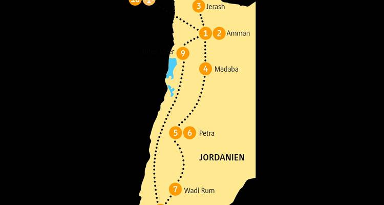 Karte von Jordanien mit hervorgehobenen Orten wie Petra und Wadi Rum.