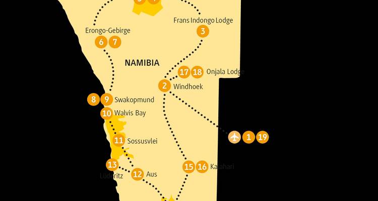 Carte de la Namibie avec emplacements marqués et itinéraires de voyage