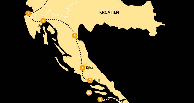 Stilisierte Reiseroute-Karte der kroatischen Küste und Binnenlansnationalparks mit Symbolen und gepunkteten Linien.