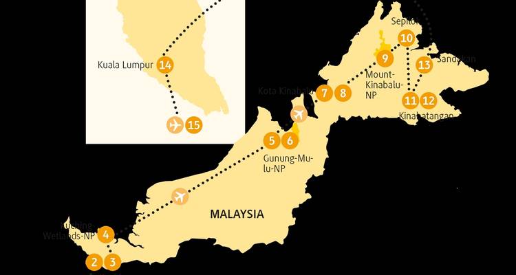 Un mapa de Malasia que destaca varias ubicaciones.