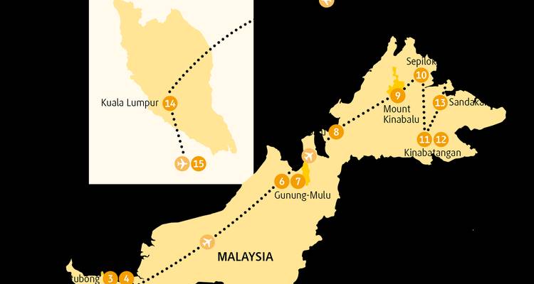 Mapa de itinerario estilizado de Malasia destacando paradas clave y rutas de vuelo.