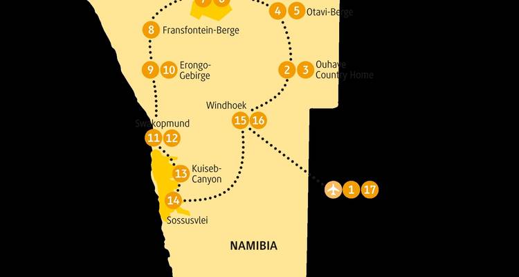 Karte von Namibia mit verschiedenen markierten Orten.