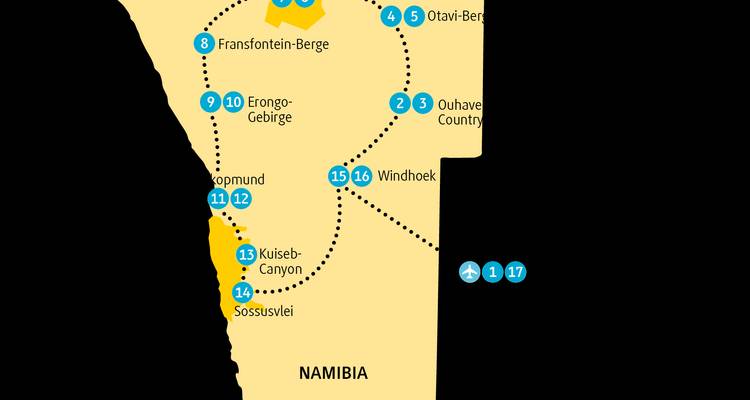 Carte d'itinéraire stylisée de la Namibie montrant les étapes clés et l'itinéraire de conduite.
