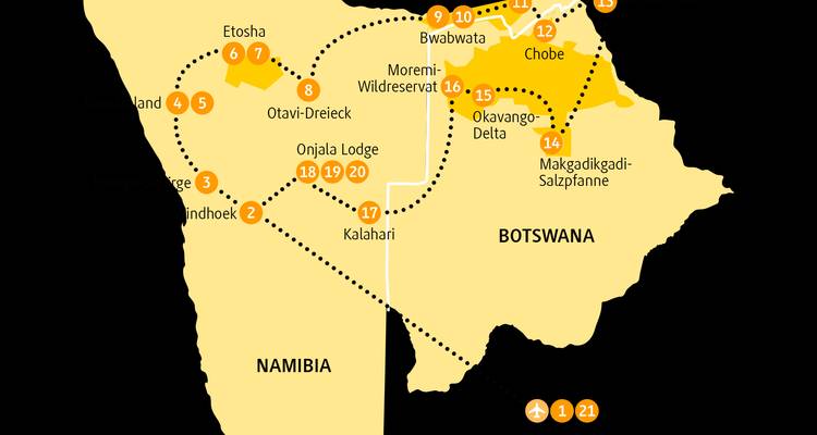 Mapa de itinerario estilizado que destaca la ruta de viaje a través de Namibia y Botsuana con líneas punteadas y paradas numeradas.