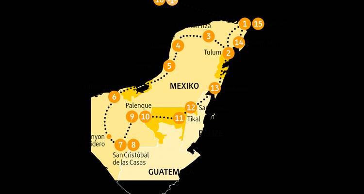 Vereinfachte Karte des Reiseablaufs auf Mexikos Halbinsel Yucatán mit gepunkteten Routen und nummerierter Haltestellen.