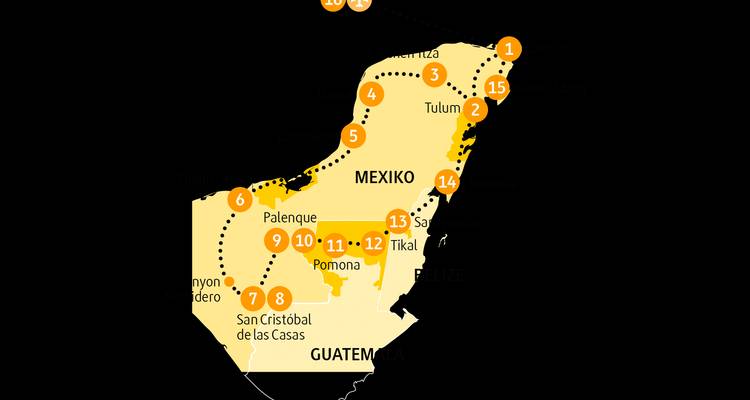 Vereinfachte Tourenroutenkarte der Halbinsel Yucatán mit hervorgehobenen nummerierten Haltestellen und gepunkteter Reiseroute.