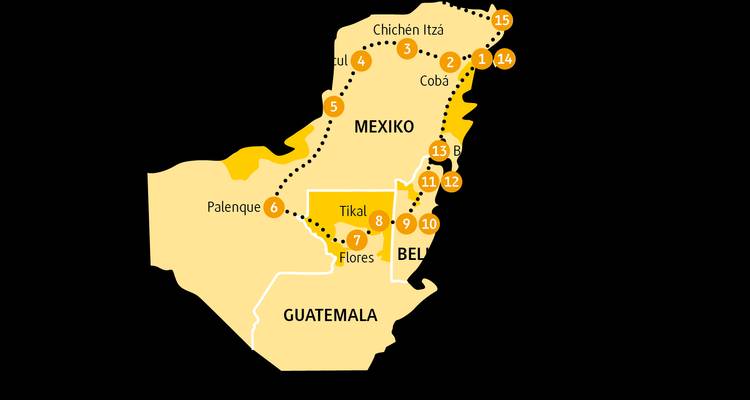Karte mit Darstellung einer länderübergreifenden Route durch Mexiko, Belize und Guatemala mit nummerierten Zielen.