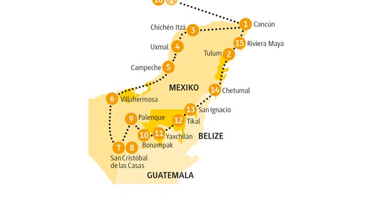 Tourroute-Karte von Mexiko, Guatemala und Belize mit nummerierten Haltestellen