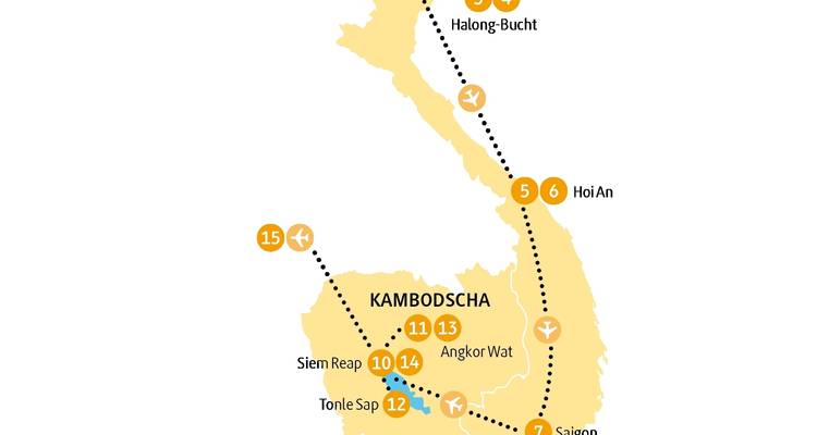 Karte mit hervorgehobener Reiseroute durch Kambodscha und Vietnam.