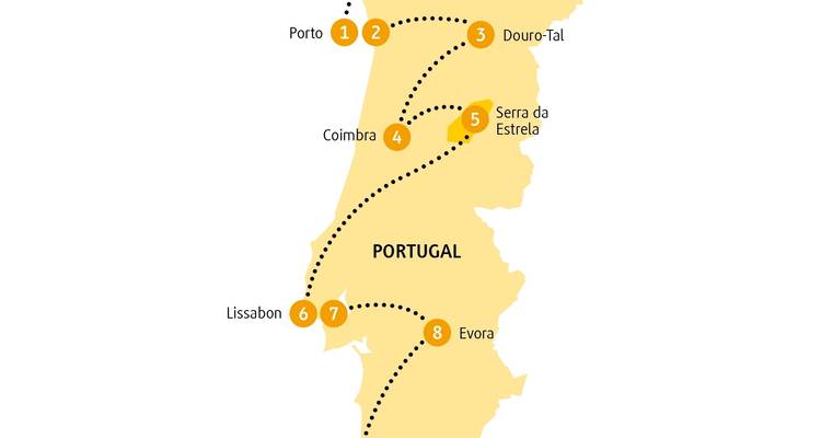 Carte d'un itinéraire de voyage au Portugal.