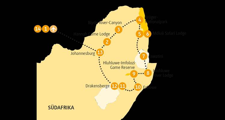 Karte mit detaillierter Reiseroute durch Südafrika.