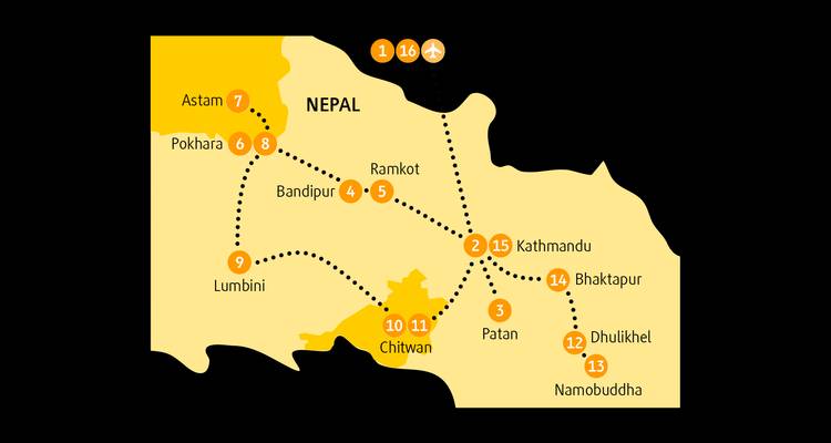 Karte mit Reiserouten in Nepal.