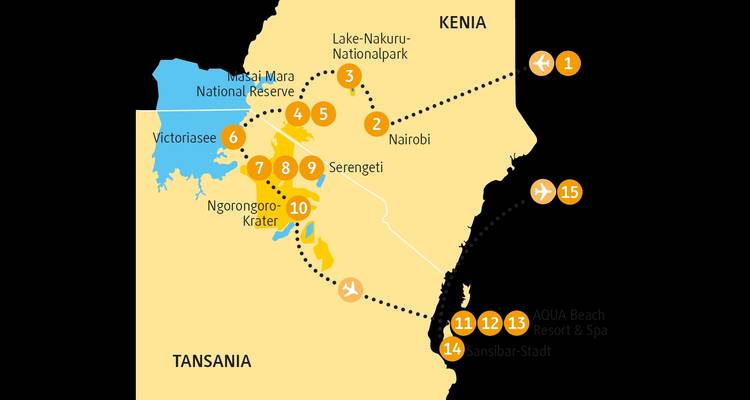 Karte mit Reiseroute in Kenia und Tansania.