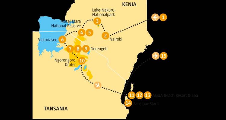 Karte mit Standorten in Kenia und Tansania.