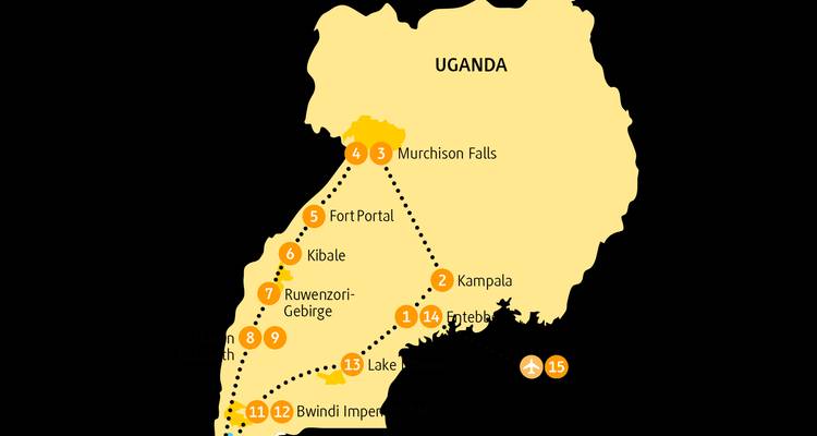 Karte von Uganda mit markierten Orten und Routen.