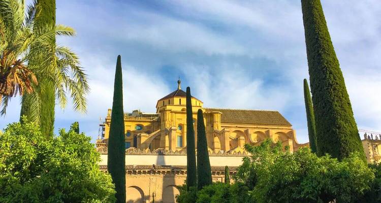 Aussicht auf die Mezquita von Cordoba, eingerahmt von hohen Zypressen und Palmen vor weichen Wolken