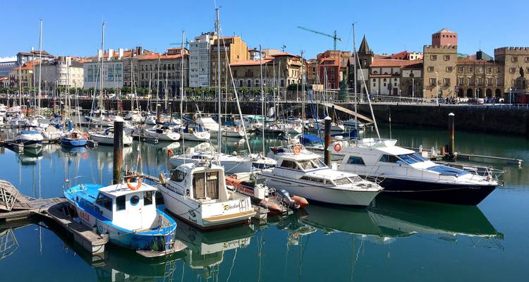 Marina avec des bateaux amarrés et des bâtiments historiques en arrière-plan.