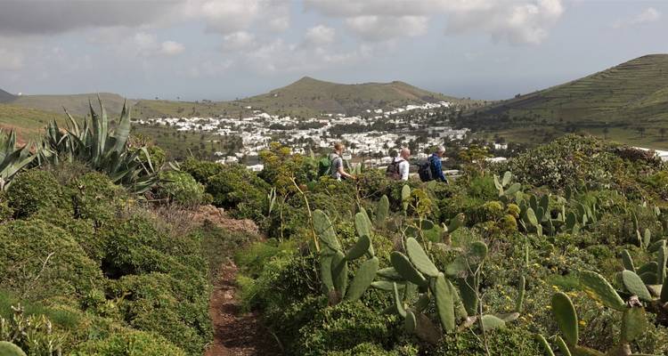 Senderistas en un sendero verde y exuberante con vistas a un pueblo blanco rodeado de cactus y colinas volcánicas.