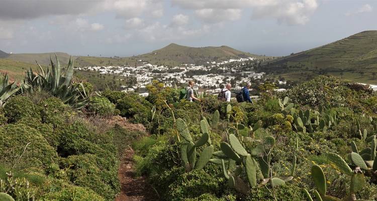 Hikers walking along a path with a village in the distance.