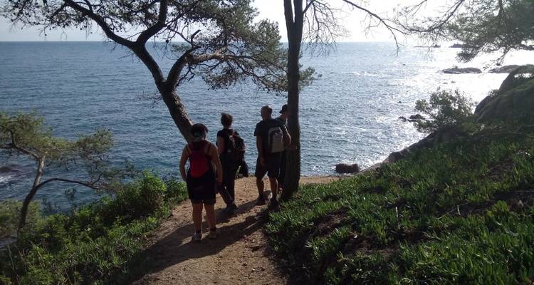 Groupe de randonneurs sur un sentier au bord de l'océan.