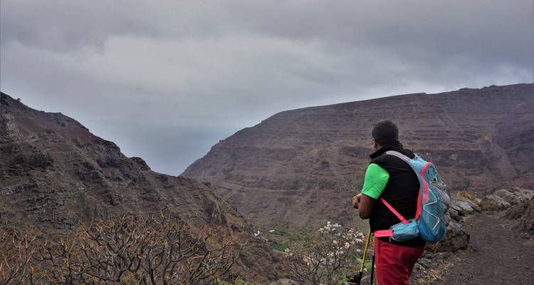 Homme debout sur un sentier de montagne regardant vers une vallée accidentée.