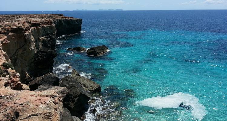 Rocky cliff with turquoise sea in the background.