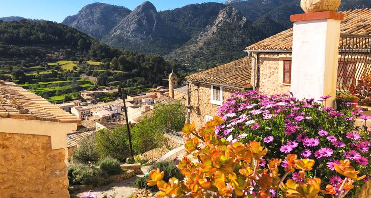 Bergdorp met bloeiende bloemen uitkijkend over een terrassendalvallei