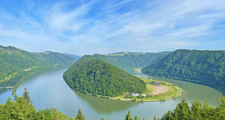 Vue panoramique du méandre en fer à cheval du Danube entouré de collines verdoyantes luxuriantes
