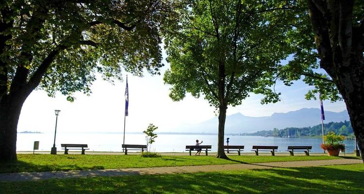 Parque junto al lago con bancos y árboles, con vista a las montañas.